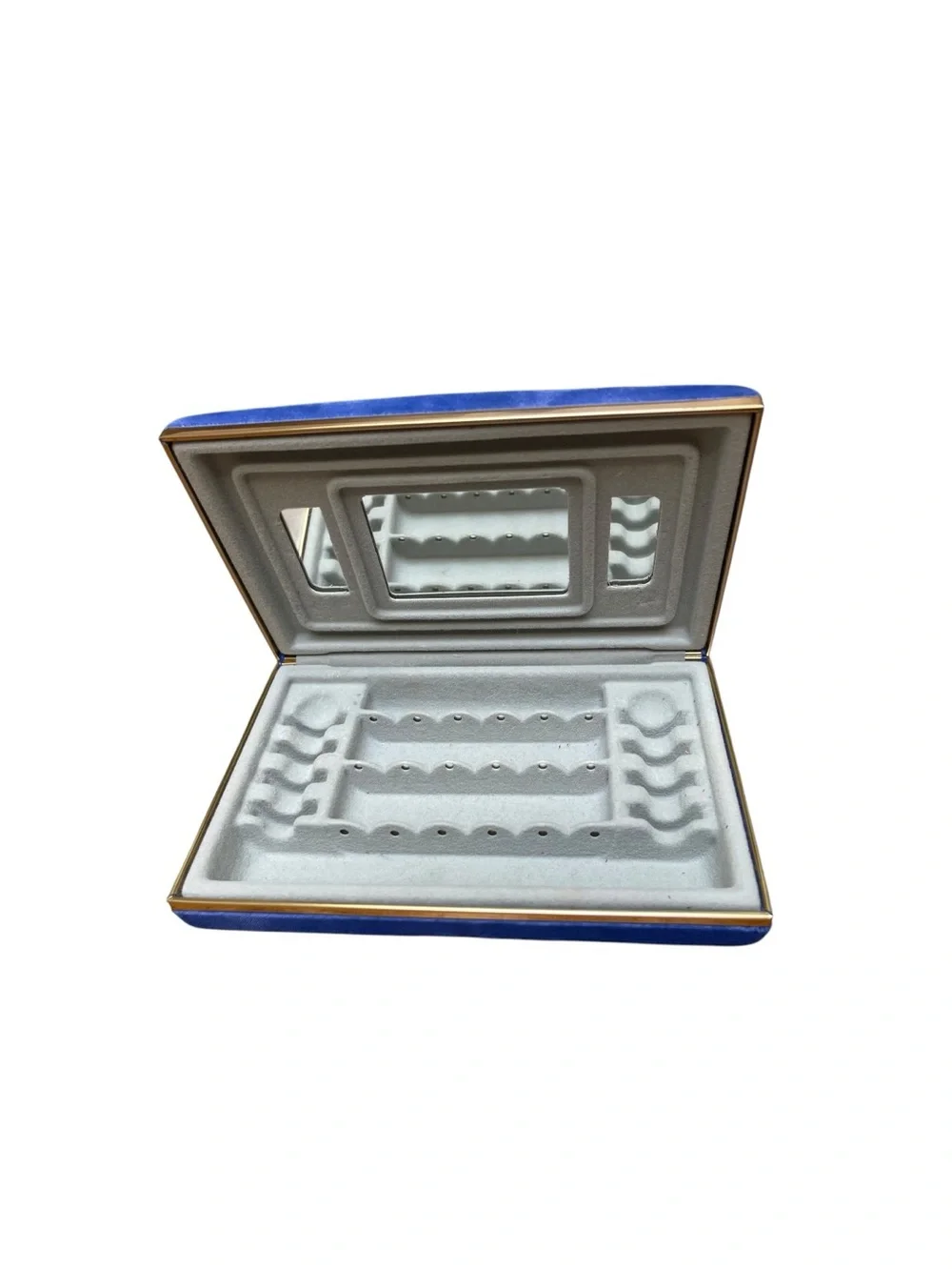 Vintage Blue Jewelry Box Triple Mirror Ring Holder Vanity Case Gold Trim